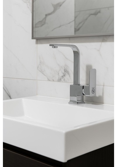 Rena Design Lavabo Bataryasi Krom Kare Banyo Lavabo Musluk Ağir Prinç Gövde Döner Boru Lüks Armatür Gümüş Gri