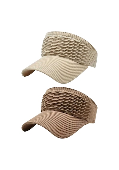 Uniquetrenders Kadın Örgü Dokulu Uv Korumalı Yazlık Vizör Şapka 2'li Set Bej - Camel