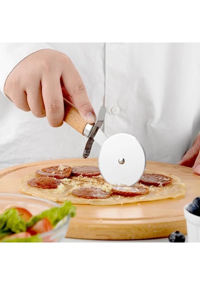 Ayrex Paslanmaz Çelik Ahşap Saplı Pizza Dilimleyici, Yuvarlak Pizza Kesici Bıçak, Hamur Ve Waffle Kesici, Ergonomik Diğer