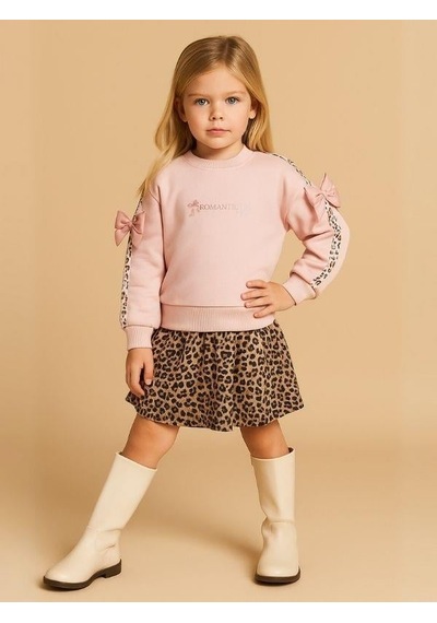 Kız Çocuk Kolları Leopar Şeritli Fiyonklu Sweatshirt-16133 Pudra