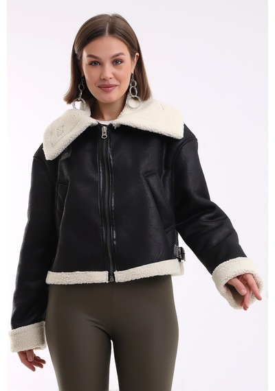 Winmoda34 İçi Kürk Astarlı Biker Kısa Ceket Siyah