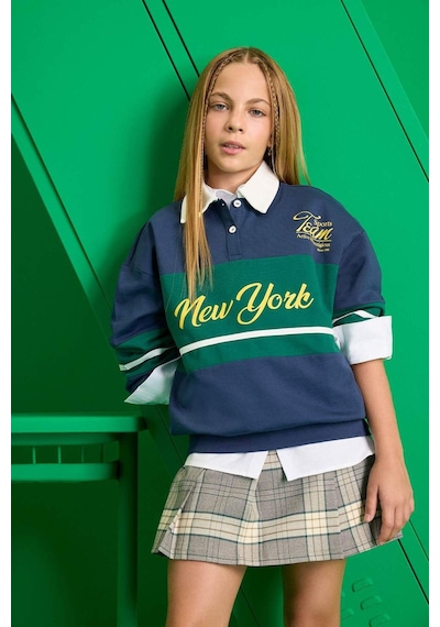 Defacto Kız Çocuk Relax Fit Polo Yaka Baskılı Okul Sweatshirt F7584a825aunv147 Lacivert