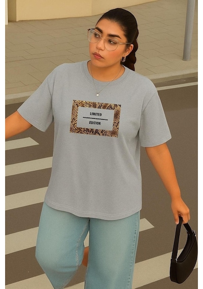 Büyük Beden Lımıted Edıtıon Baskılı Unisex Tişört Gri