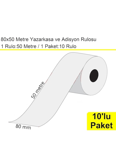 80x50 Metre Yazarkasa Ve Adisyon Rulosu 10'lu Paket / En:80 Mm Boy:50 Metre