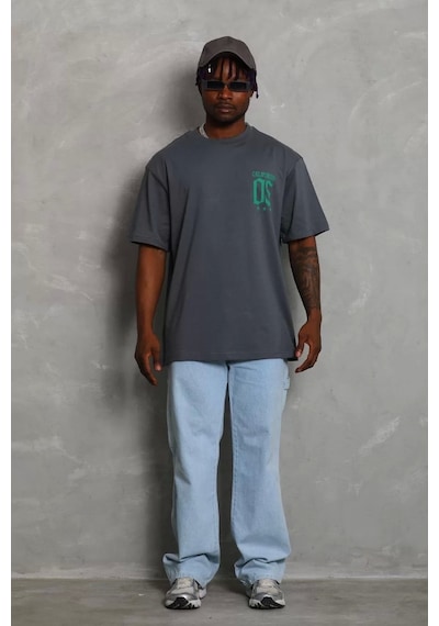 Unisex Oversize Baskılı Bisiklet Yaka T-shirt - Füme Füme