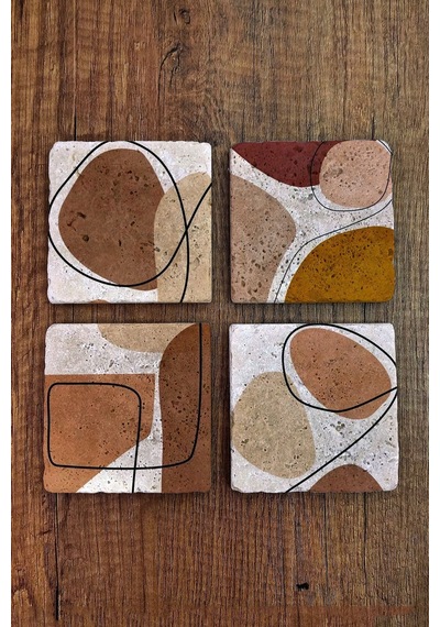 Doğal Taş Bardak Altlığı Pastel Renkler Baskılı 4'lü Set - Stone Coasters Çok Renkli