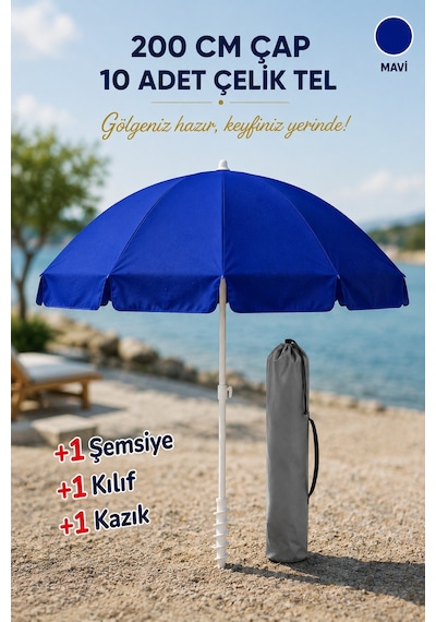 200 Çap/ 10 Çelik Tel Mavi Plaj Şemsiyesi + Kazık + Kılıf, Sahil Paketi