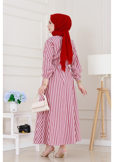 Sevitli Çizgili Cepli Tesettür Elbise-bordo-5133 Bordo