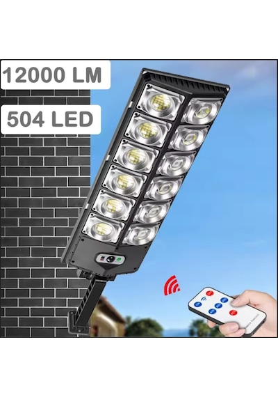 12000 Lümen 504 Led Güneş Enerjili Hareket Sensörlü Kumandalı Bahçe Sokak Garaj Ev Aydınlatma Lambası Işık Siyah
