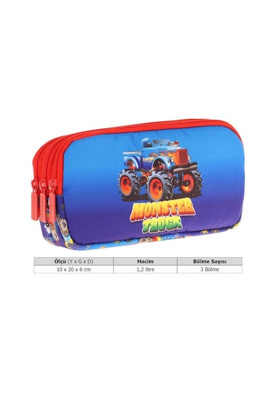 Kaukko Kids Kırmızı Mavi, Monster Truck, Erkek Çocuk Üç Bölmeli Okul Kalem Çantası - L8257 Kırmızı - Mavi