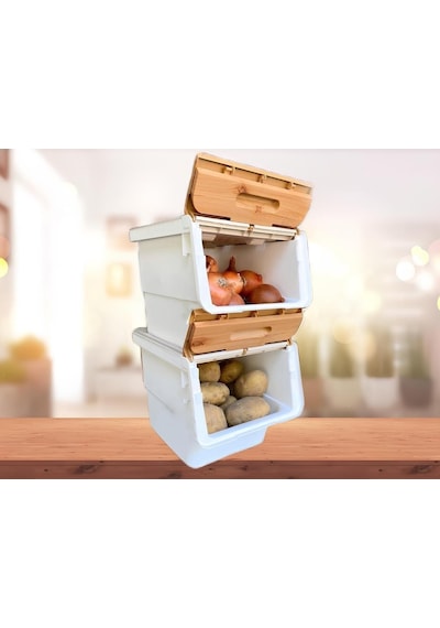 Motek Patetes Soğan Sepeti Oyuncak Kutusu Tekerlekli Organızer Çok Amaçlı Kutu 2x12lt-bambu+krem