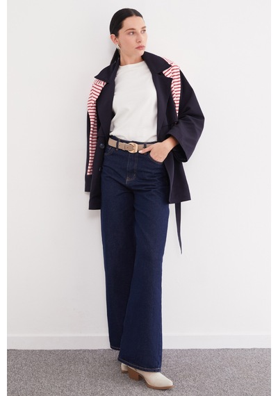 Fullamoda Pelerinli Kuşaklı Geniş Kol Oversize Trençkot Lacivert