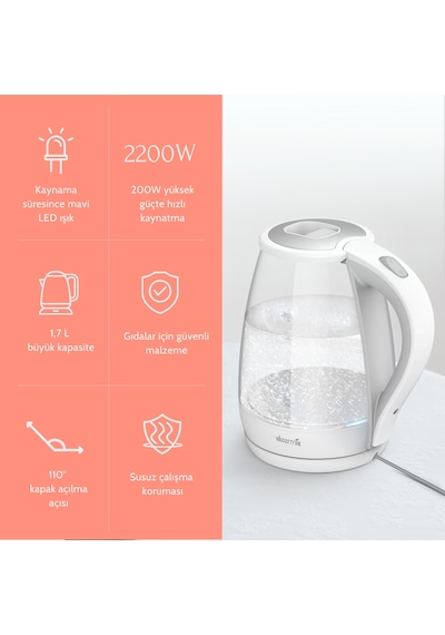Deerma DEM-SH30W 1.7 L Mavi Işıklı Cam Kettle