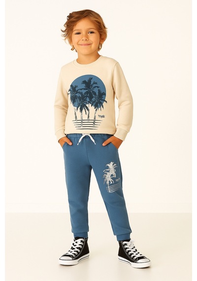 Veramoni Tropical Baskılı Uzun Kollu Lastikli Bel Cepli Unisex Çocuk Alt Üst Takım Mavi