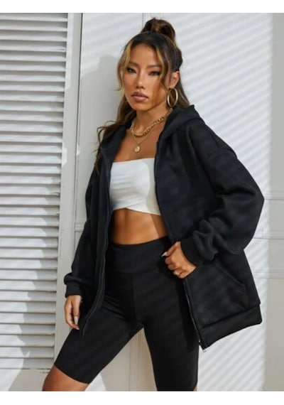 Relax&Basic Siyah 2 İp Örme Kumaş Kapüşonlu Fermuarlı Sweatshirt Siyah