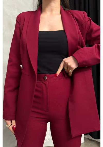 Msm Fashion Kadın İkili Blazer Ceket Pantolon Takım Pile Ve Düğme Detaylı Boru Paça Bordo Msm Fashion Kadın İkili Blazer Ceket Pantolon Takım Pile Ve Düğme Detaylı Boru Paça Bordo