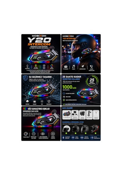 Y20 Motosiklet Kask Intercom Bluetooth Kulaklık Su Geçirmez, Rgb Işıklı, 25 Saat Kullanım, Hızlı Şarj