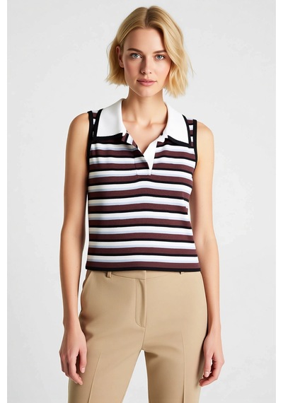 Benerly Kadın Bluz Gömlek Yaka Kolsuz Crop Fitted Triko İnce Renk Bloklu Kahverengi