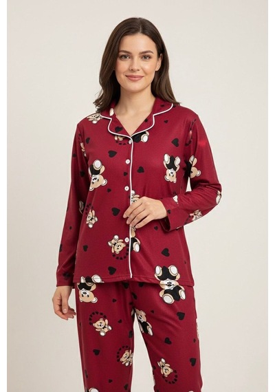 Miniğimin Cicileri Ayıcık Kalp Desenli Süet Anne Pijama Takımı - Bordo