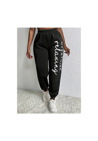 Tarzsokak Slayr Letter Graphic Elastic Waist 4 Mevsim Eşofman Siyah