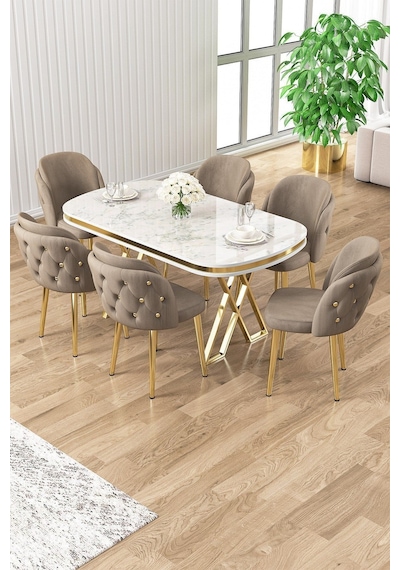 Canisa Zae Serisi 90x168 Lak Panel Beyaz Mermer Desen Gold Ayak Masa Takımı 6 Cappucino Sandalye Beyaz Mermer Desen Masa Sandalyeler Antrasit