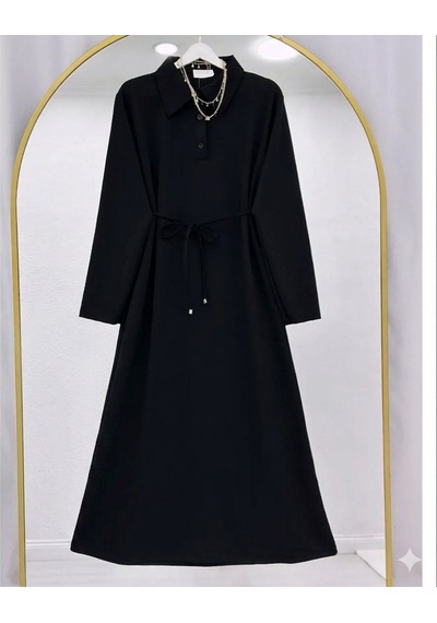 Lovie Moda Kadın Polo Yaka Bağcıklı Elbise - Siyah
