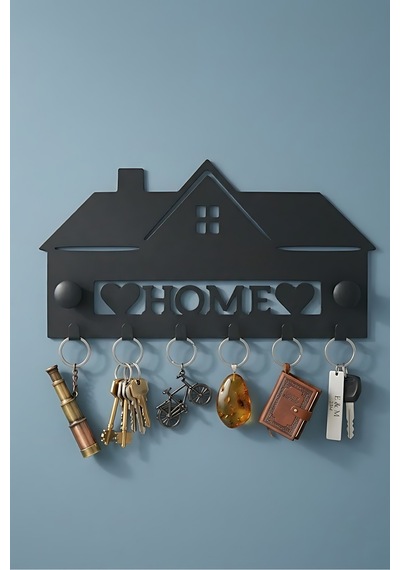 Ev Temalı Metal Anahtar Askısı - Home Yazılı 6 Kancalı Duvar Askısı Siyah