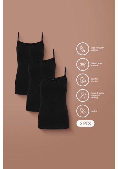 Auw Kadın İp Askılı Pamuklu Modal Basic Atlet 3'lü - Softfit Siyah