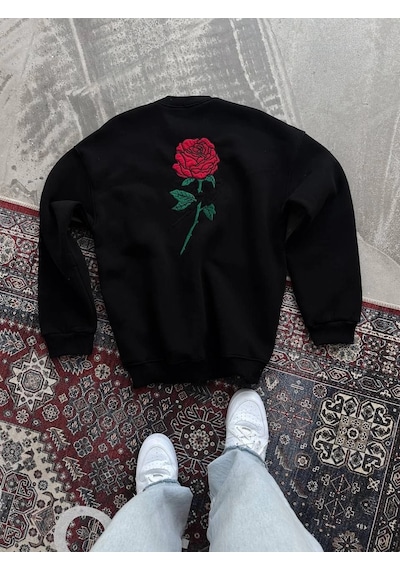Barlashive Erkek 3 İplik Pamuklu Bisiklet Yaka Ön Ve Arka Baskılı Sweatshirt - Siyah Çok Renkli