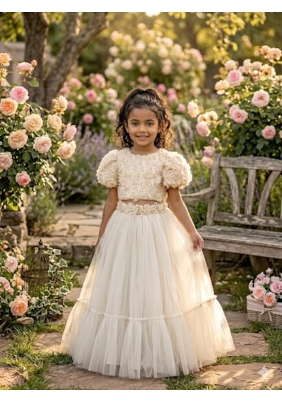 Star Kids Fashion Kız Çoçuk Ekru Gül Detaylı Crop Elbise,kız Çoçuk Mezuniyet Elbisesi