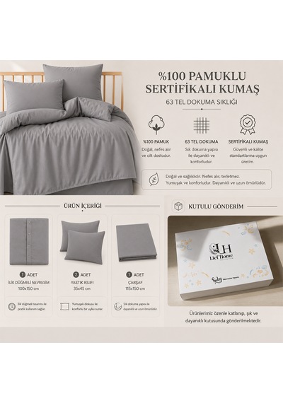 Lief Home %100 Pamuklu Sertifikalı Bebek Nevresim Takımı 100x150 63 Tel Dokuma Kutulu Gönderim Gri