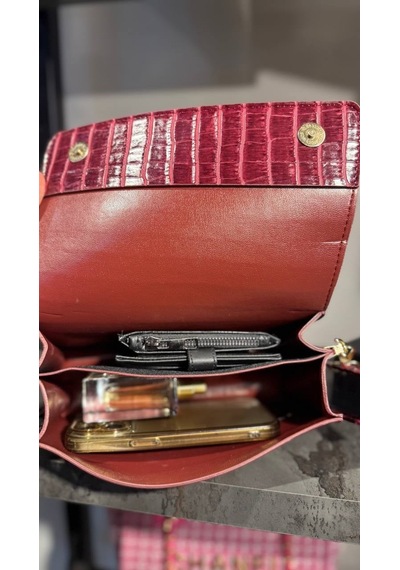 Lovelystore Kroko Desenli 3 Gözlü Günlük Kadın Mini El & Omuz Çantası 24x12 Bordo