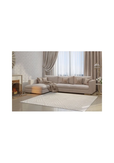Plato Halı Opqo Ekselans Premium Oturma Odası, Salon, Antre Yıkanabilir Polyester Kaymaz Taban Krem Halı