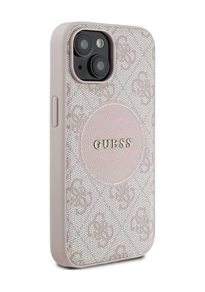 Apple Uyumlu iPhone 15 Kılıf Guess Lisanslı M-safe Şarj Özellikli Yazı Logolu Circle Classic Kapak Pembe