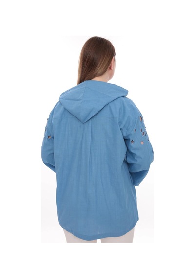 Lady Majestic Büyük Beden %100 Cotton Kapüşonlu Hırka Rahat Ve Şık Tasarım - 44462 Mavi