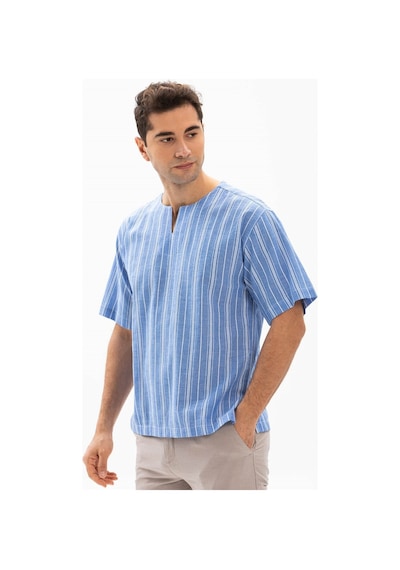Kısa Kol Şile Bezi Bisiklet Yaka Erkek Yazlık Tshirt Mavi Beyaz Çizgili 3019-mavi Beyaz Çizgili Beyaz - Mavi