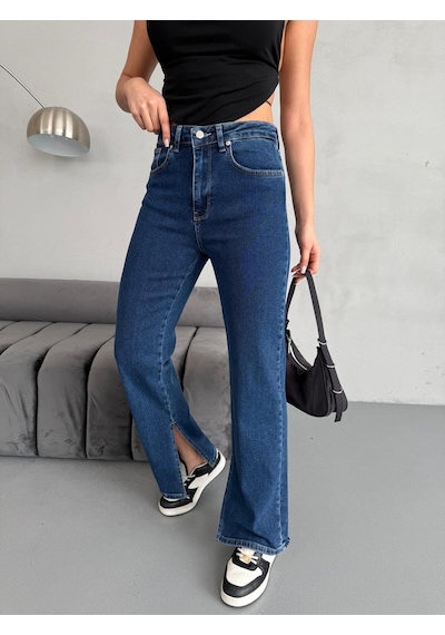 Yırtmaç Detaylı Boru Paça Dark Blue Lycra Jean Mavi+dark