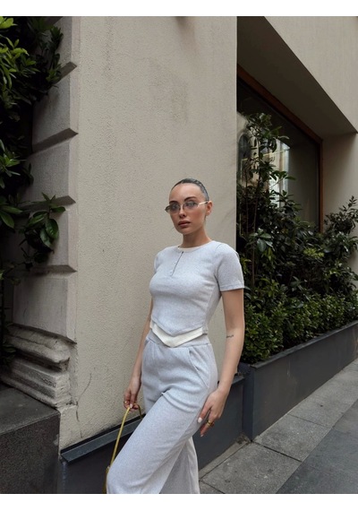 Byb Moda Tasarım Düğme Yakalı Gri Alt Üst Takım S3943 Gri