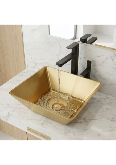 Alfas Aura Kare 40x40 Cm Pvd Mat Gold Tezgah Üstü Çanak Lavabo 304 Paslanmaz Çelik