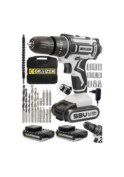 Graizer Hybrid 58V 5Ah Çift Akülü Darbeli Vidalama Matkap Gri + 27 Parça Set