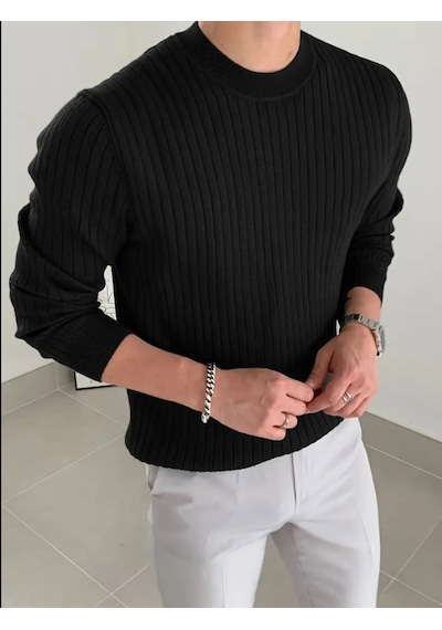 Erkek Bisiklet Yaka Slim Fit Triko Kazak Siyah