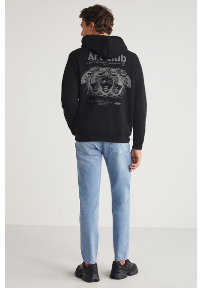 Grımelange ANDREAS Erkek Kapüşonlu İçi Polarlı Baskı Detaylı Siyah Sweatshirt