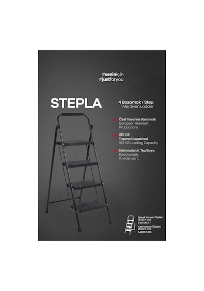 Perilla Stepla Katlanır Çelik Merdiven 4 Basamaklı Siyah Ev & Ofis Kullanımı 51404