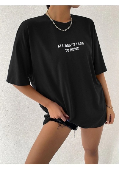 To Rome T-shirt - Siyah Baskılı Oversize Bisiklet Yaka Kısa Kol Tişört Siyah