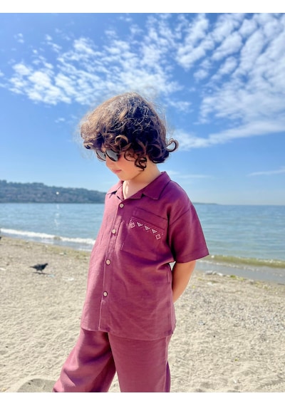 Cigit Cebi Nakışlı Gömlek Pantolon Keten Takım 2-7 Yaş Mürdüm Mürdüm