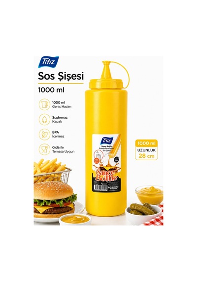 Titiz 3 Lü 1000 Ml Sos Şişesi Seti Sızdırmaz Kapaklı Sarı Kırmızı Şeffaf