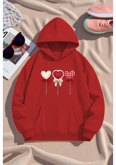 Uyguntarz Unisex Kalp Lolipop Detayli Baskılı Oversize Sweatshirt Kırmızı