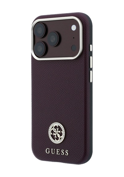 Apple iPhone Uyumlu 18 Pro Max Kılıf Guess Lisanslı M-safe Özellikli Pu Taşlı Metal 4g Ve Yazı Logolu Kapak Bordo