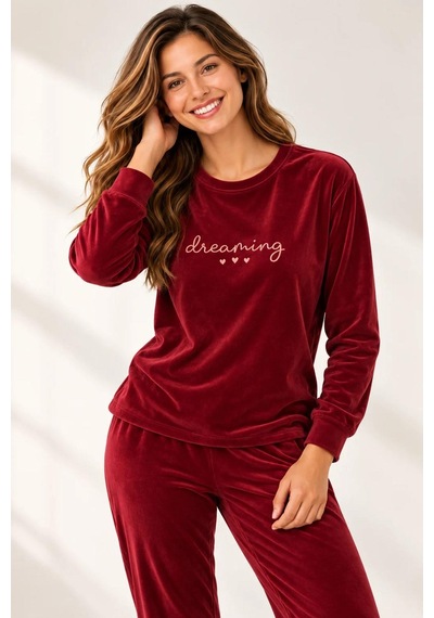 Gd Goldoremi 4082 Kadın Likralı Uzun Kollu Kadife Nefes Alan Kumaş Pijama Takım Bordo