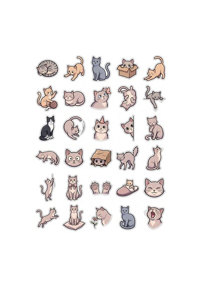 30 Adet Sevimli Kedi Sticker Seti - Laptop Defter Telefon Su Matarası İçin Çok Renkli